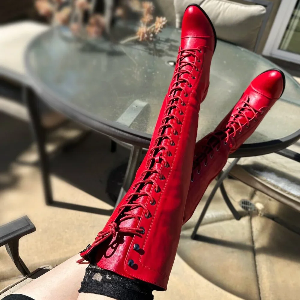 NEW Red Lace Up Over The Knee Combat Gothic Boots Block High Heel Faux Leather 8